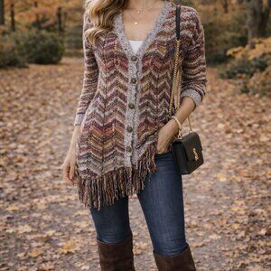 Zigzag Patterned Tunic Length Cardigan Sweater